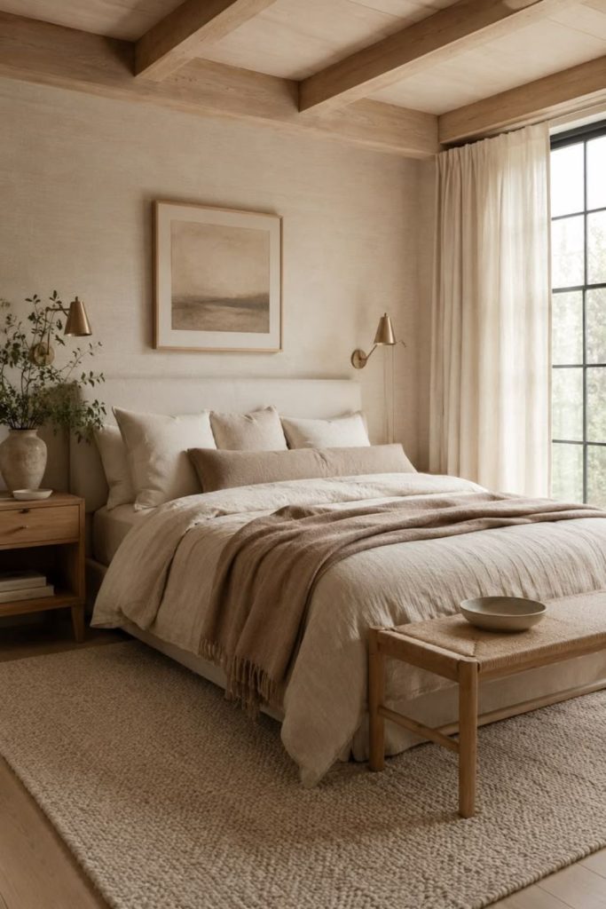 Scandinavian bedroom with earthy neutral tones.
