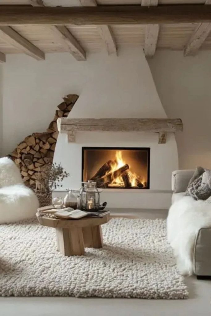 Scandinavian fireplace living room with greenery.
