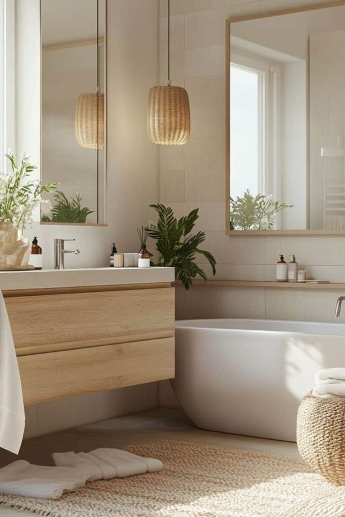 Scandinavian light wood ensuite bathroom.