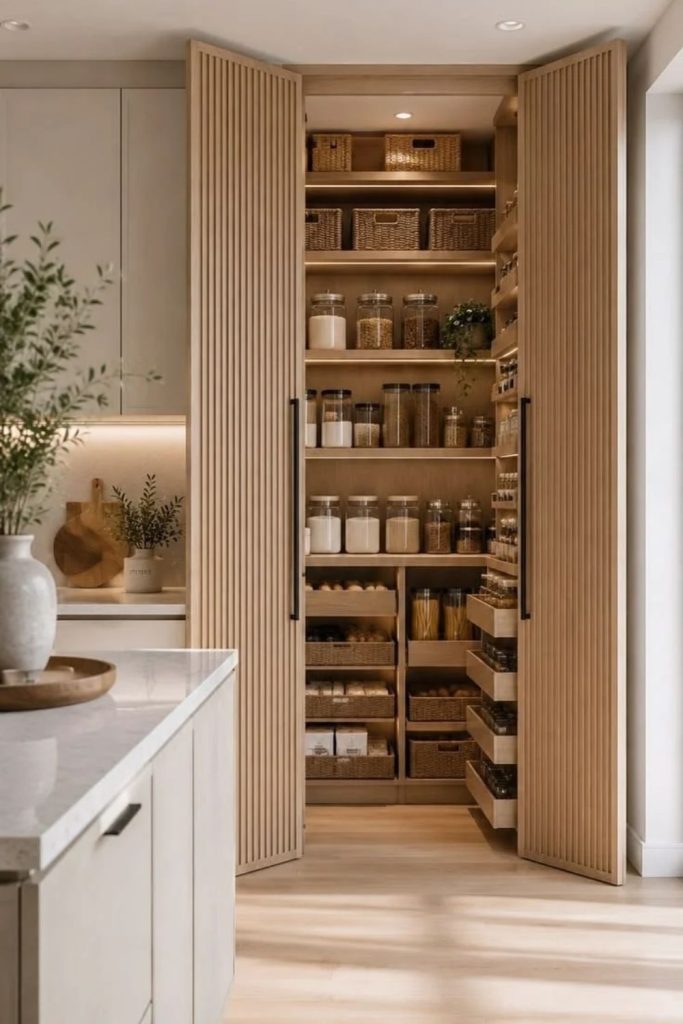 Scandinavian pantry wall with pale timber.