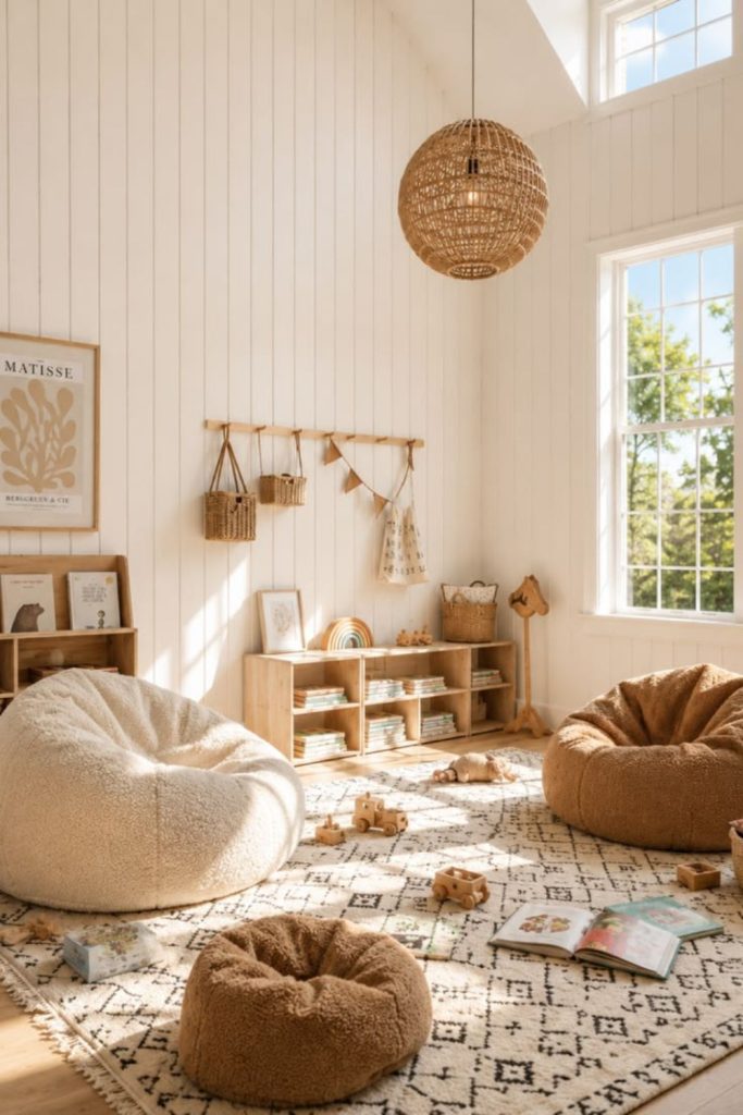 Scandinavian-inspired minimalist kids playroom.