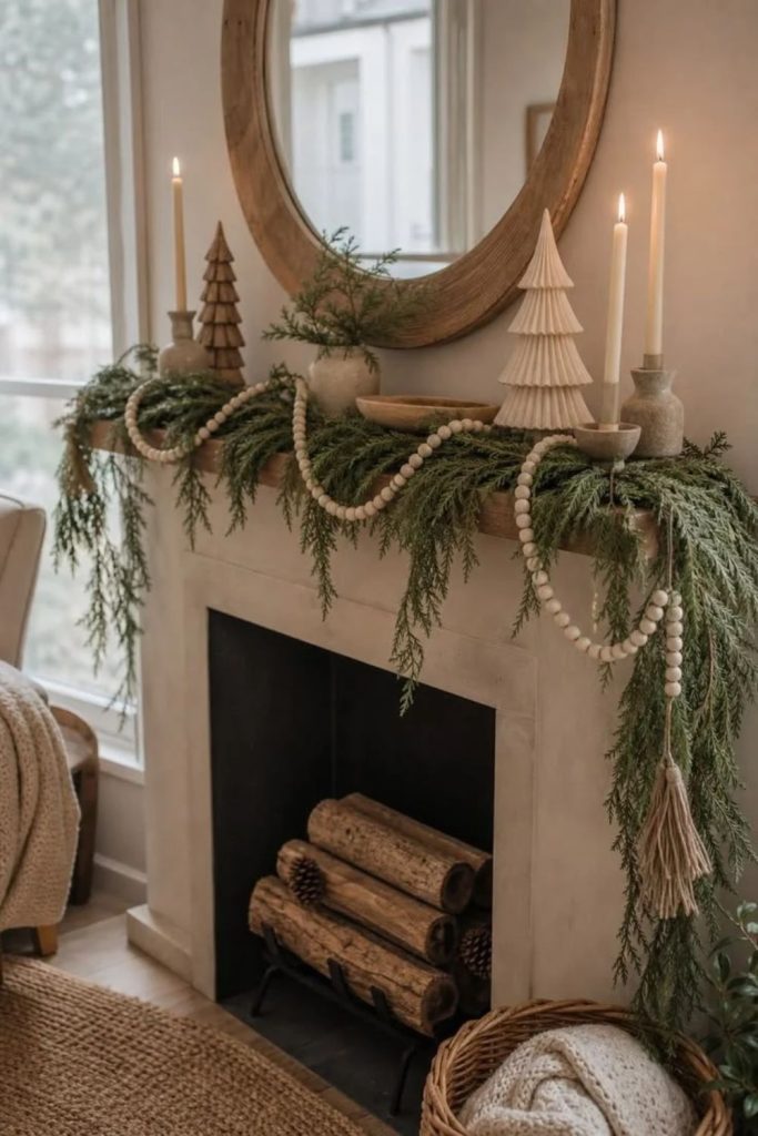 Scandinavian minimalist Christmas mantel with candles.