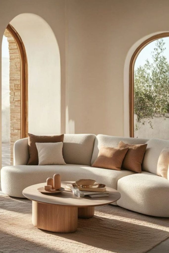 Scandinavian gray curved sofa interior.