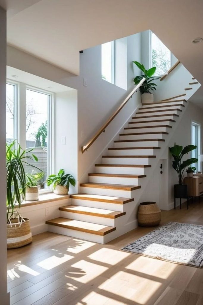 Scandinavian staircase with pale wood details.