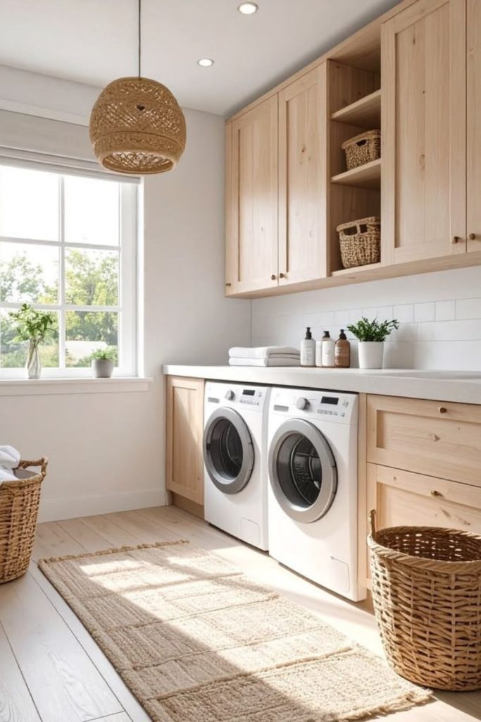 Scandinavian utility room with light cabinetry.