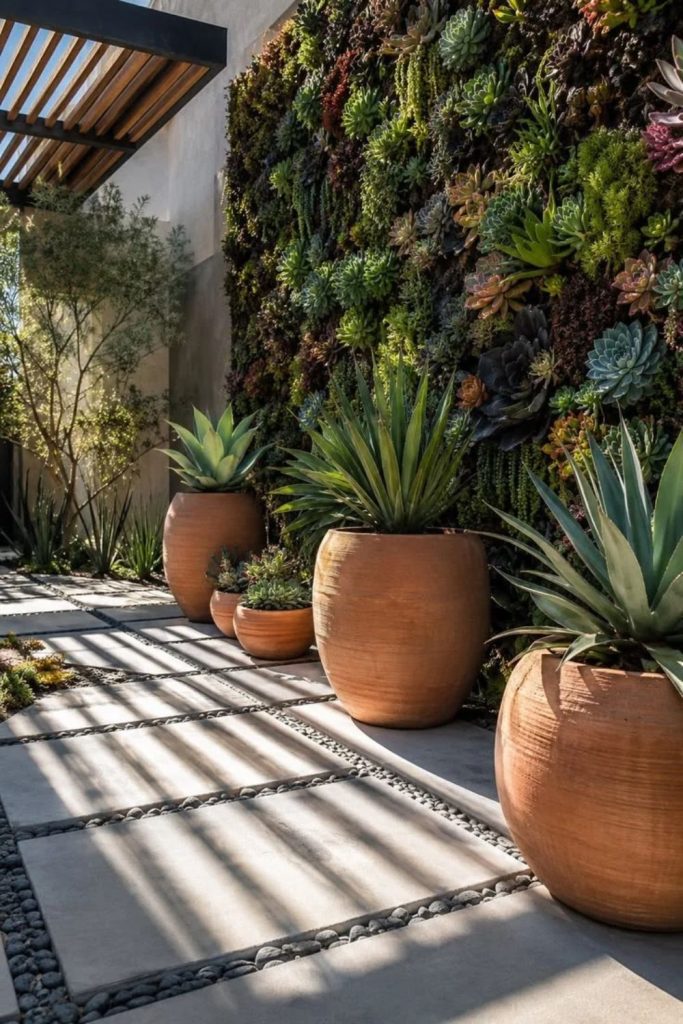 Sculptural succulent courtyard with modern planters.