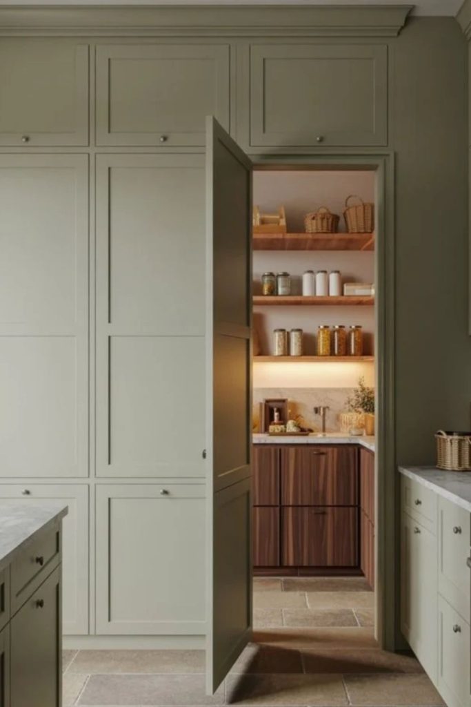 Secret pantry hidden behind cabinetry.