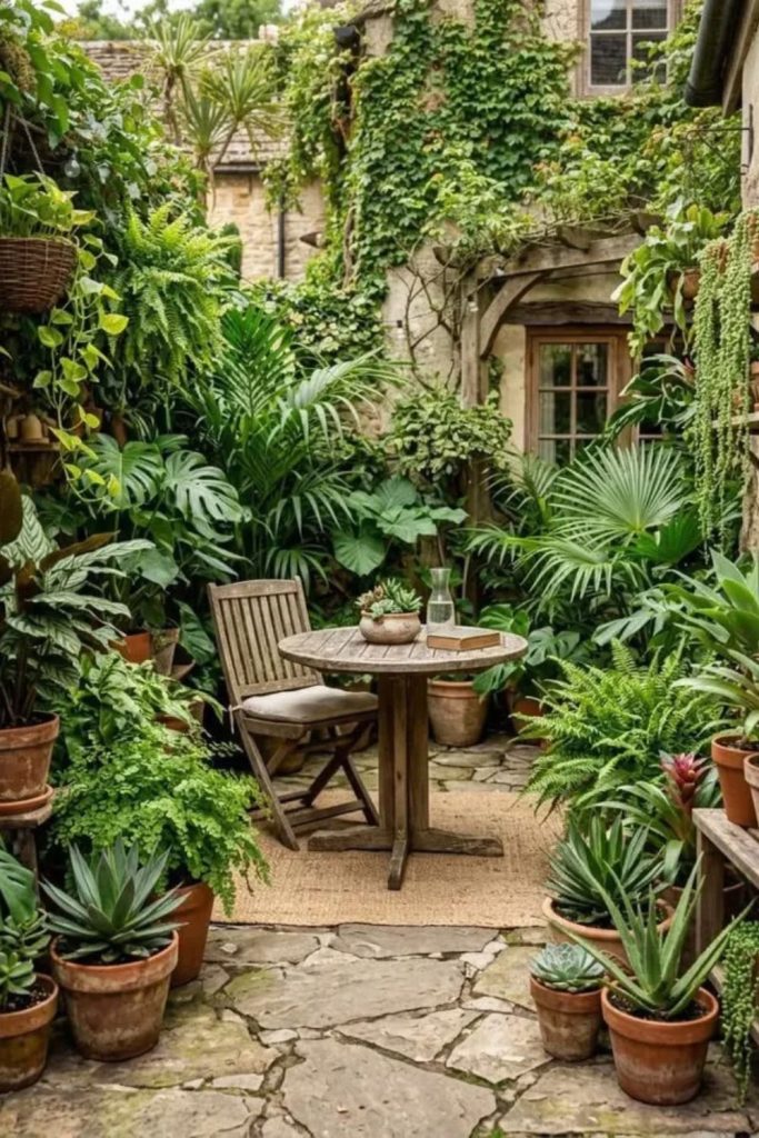 Lush fern courtyard with stone pathways.