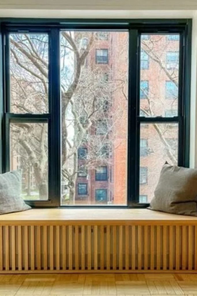 Hidden storage bench radiator cover.