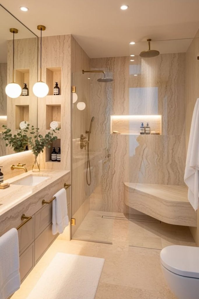 Serene luxury hotel ensuite bathroom.