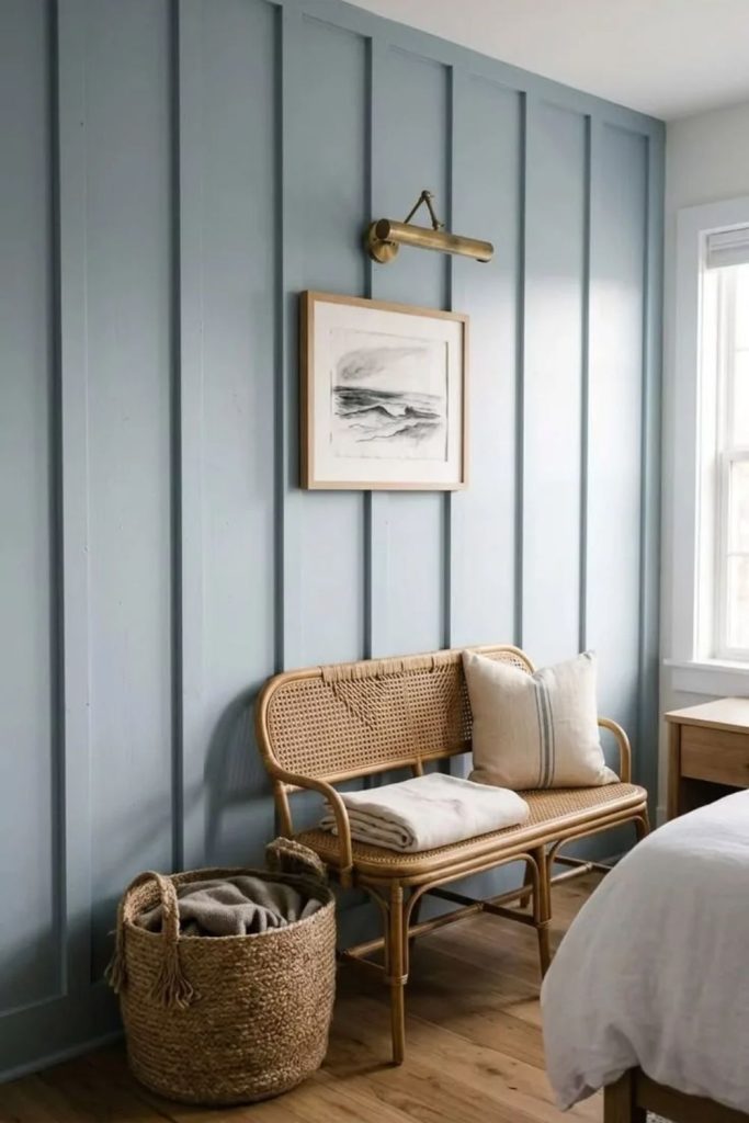 Shiplap accent nook with cozy seating.