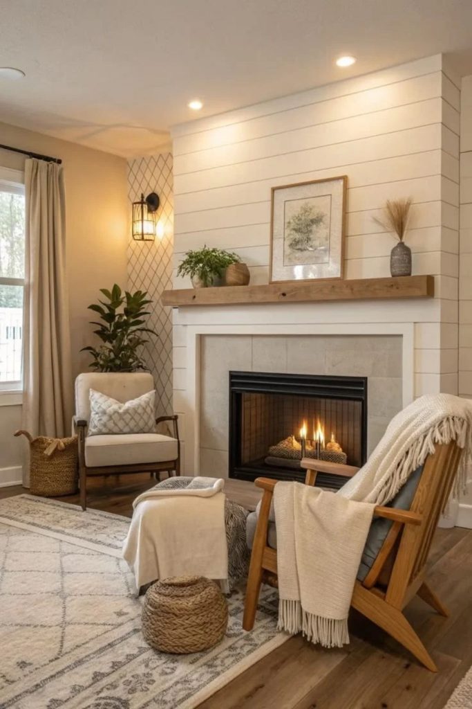 Shiplap fireplace feature wall with mantel.
