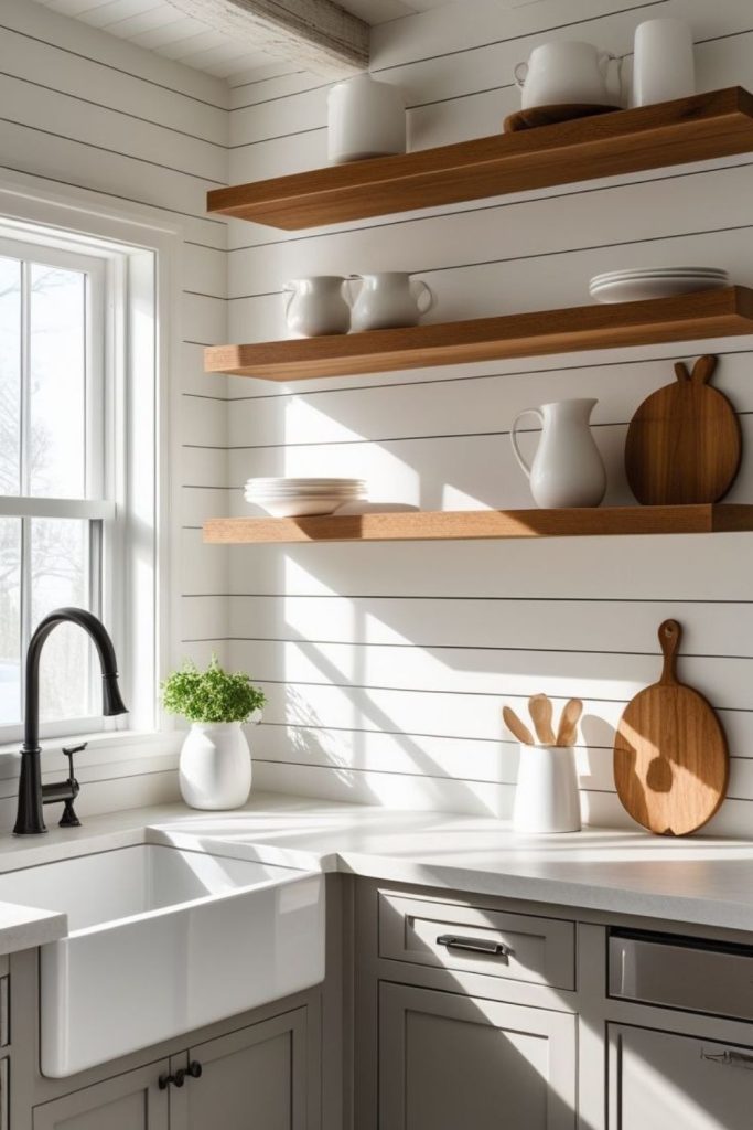 Shiplap kitchen backsplash with open shelving.
