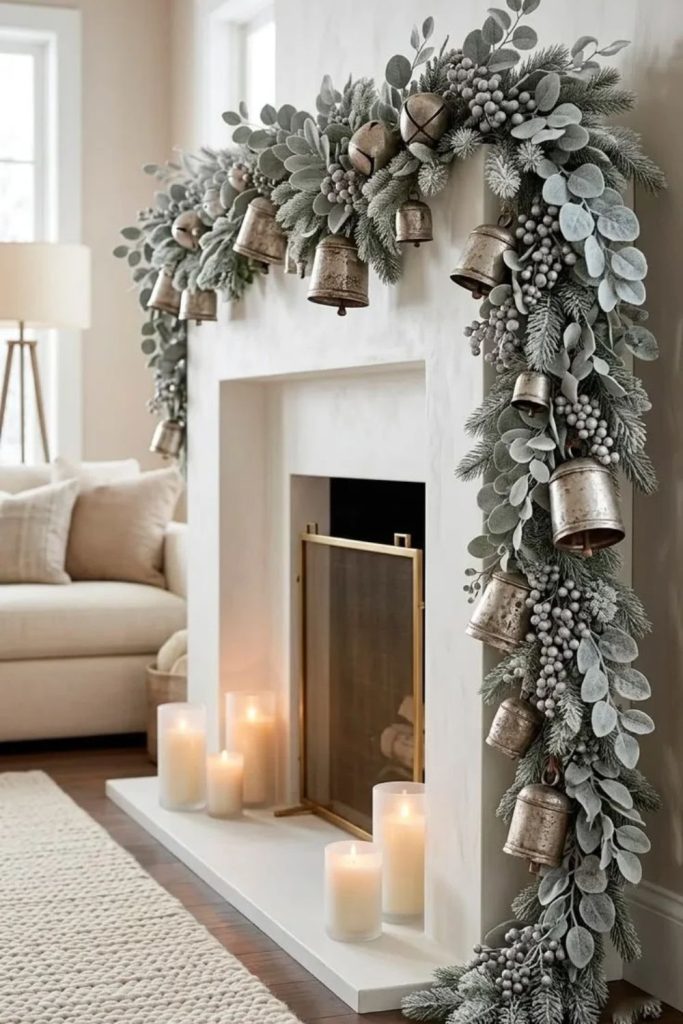 Sparkling silver bells Christmas mantel display.