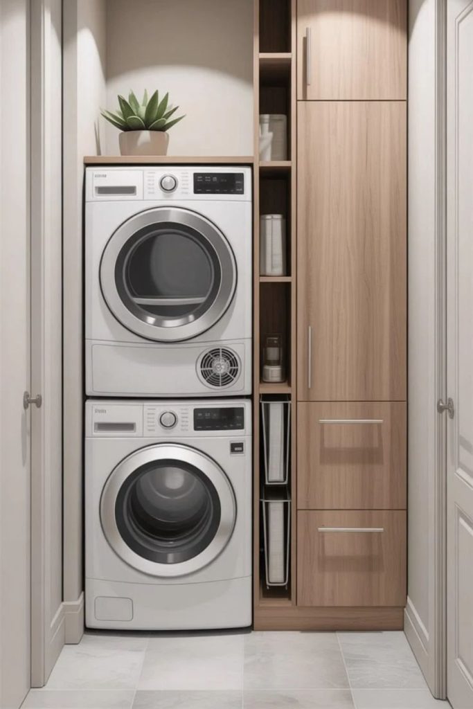 Slim utility room with tall cabinets.