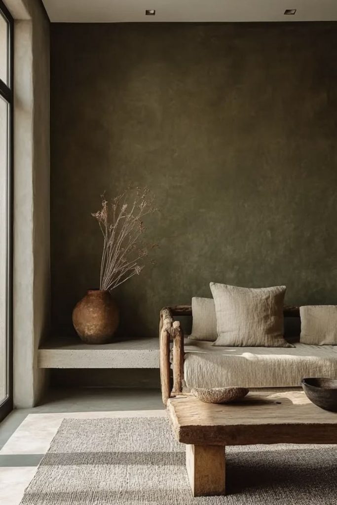 Smoky olive textured limewash wall.