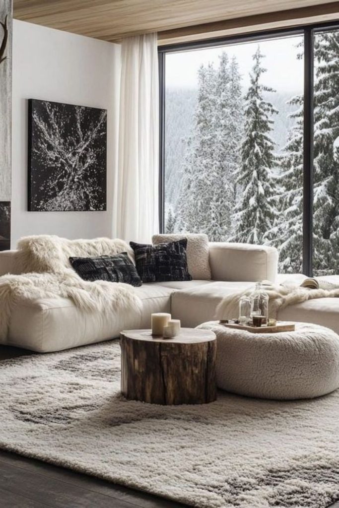 Snowy cabin living room with blankets.