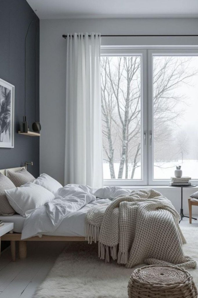 Snowy minimalist bedroom with white bedding.