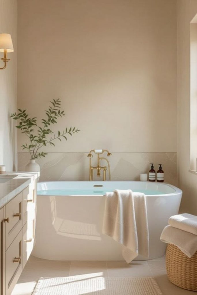 Elegant beige neutral ensuite bathroom.