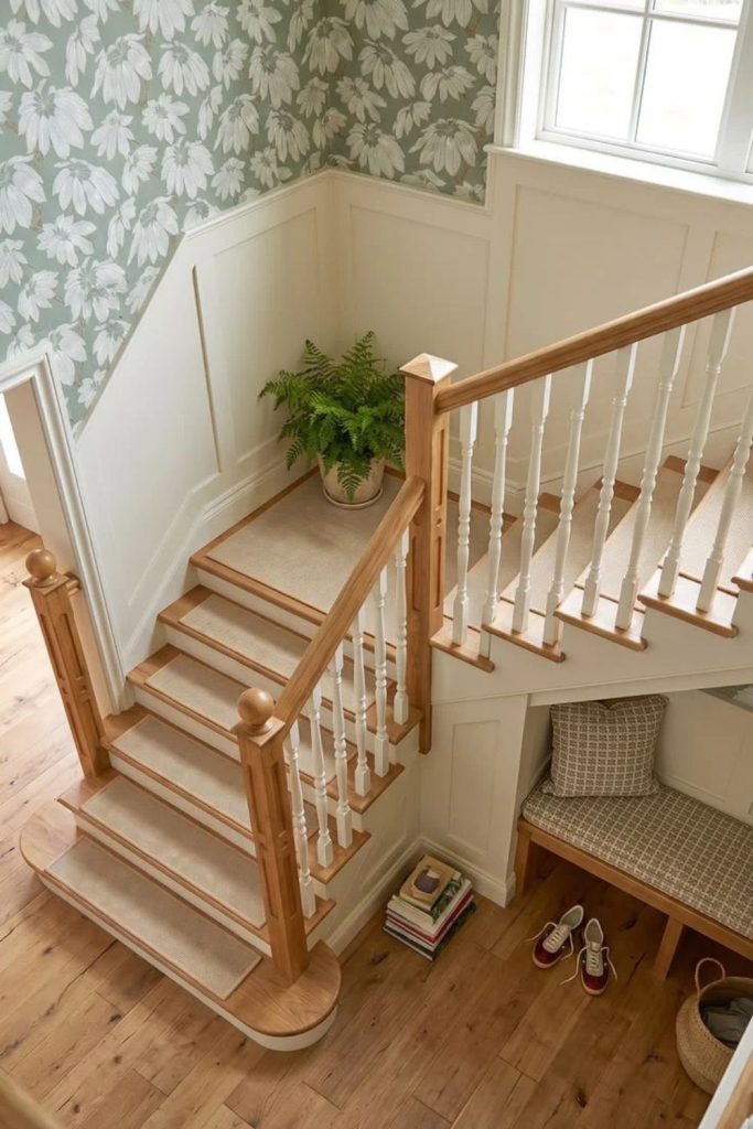 Soft beige staircase with natural treads.