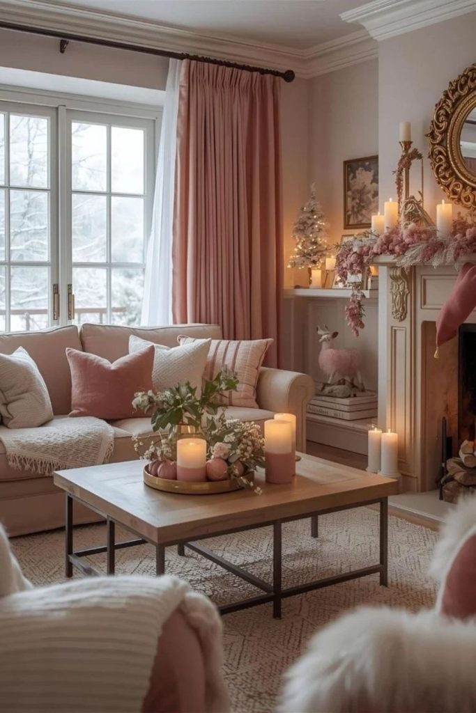 Blush pink cozy winter living room.