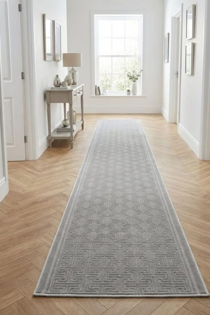 Gray herringbone hallway runner design.