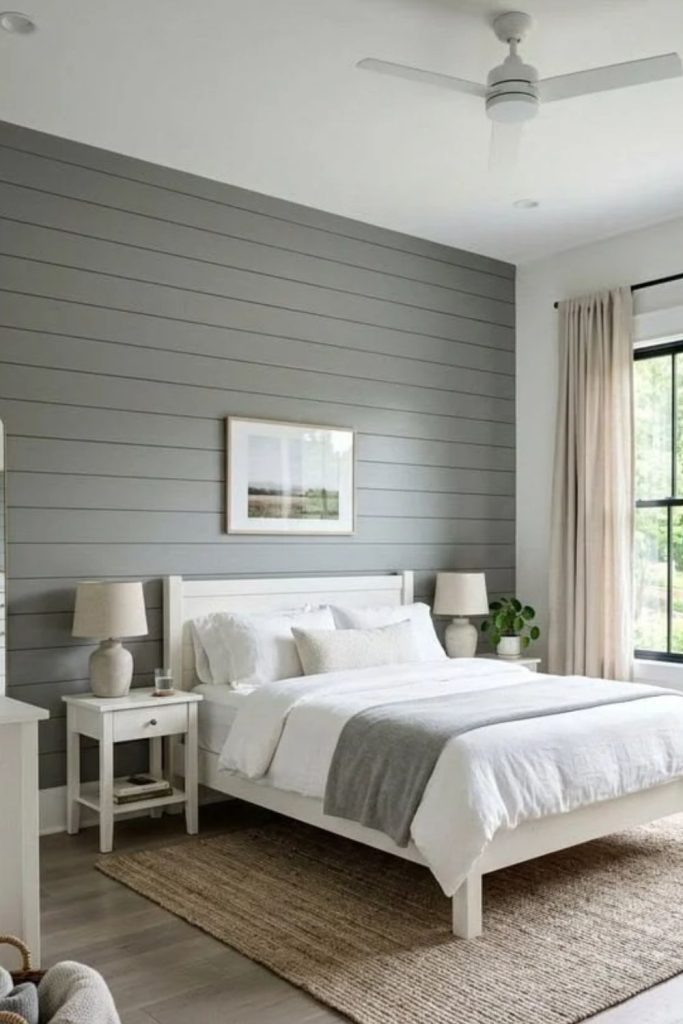 Soft gray shiplap wall with furniture.