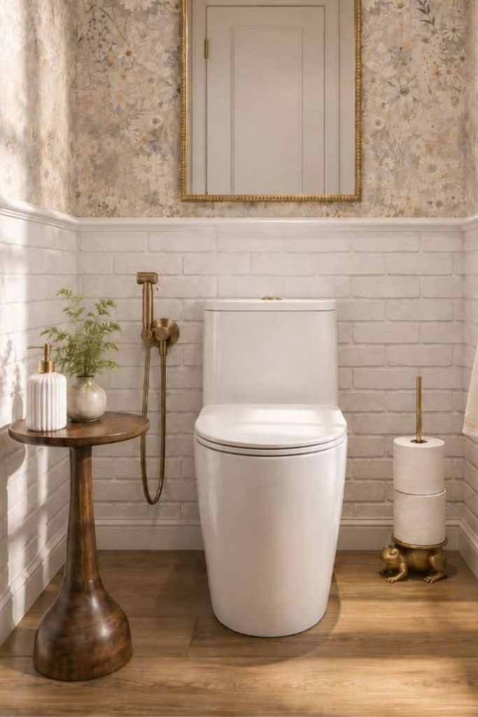 Elegant greige powder room interior.