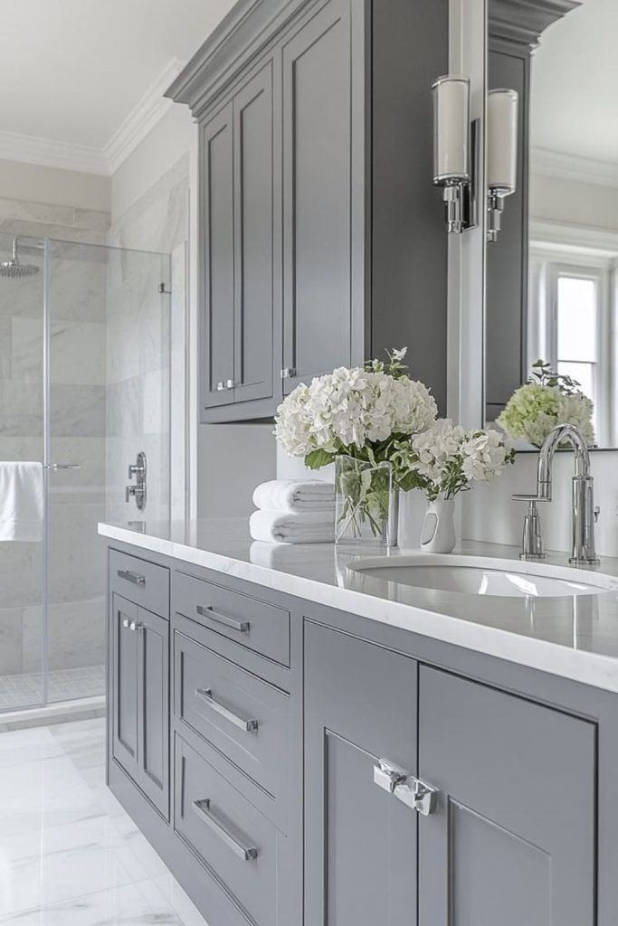Sophisticated soft grey ensuite bathroom.