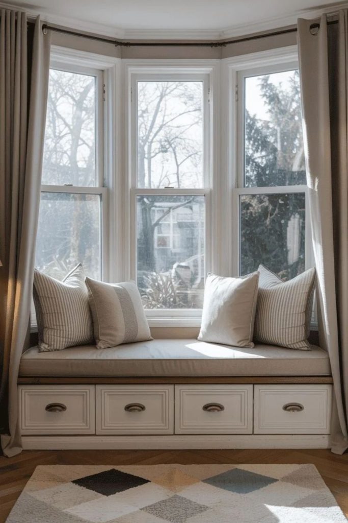 Soft neutral bay window sanctuary.