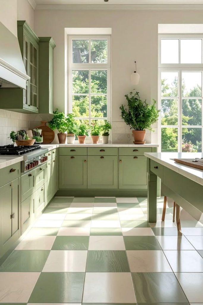 Soft sage ivory checkerboard flooring.