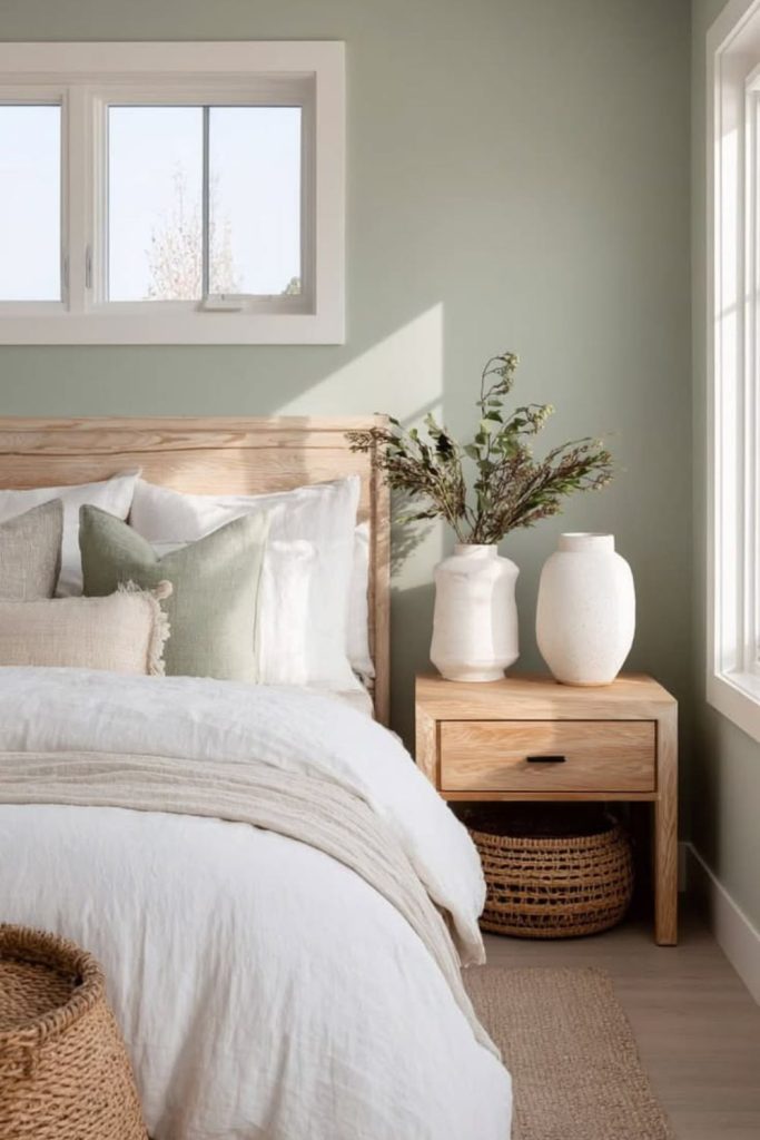 Soft sage bedroom with oak furniture.