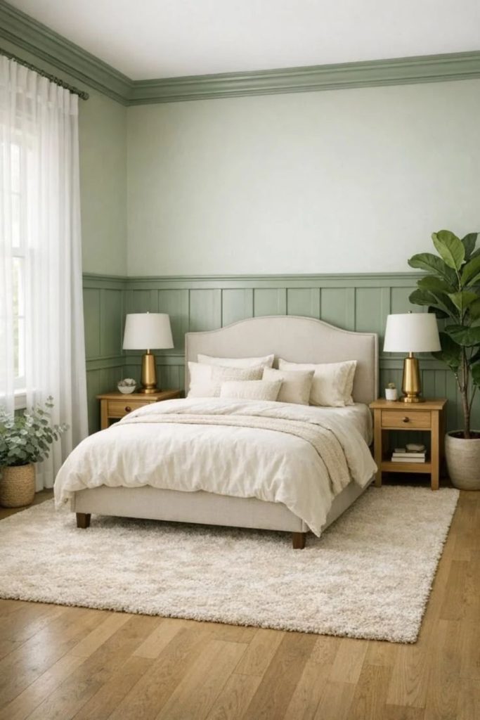 Soft sage green paneling walls