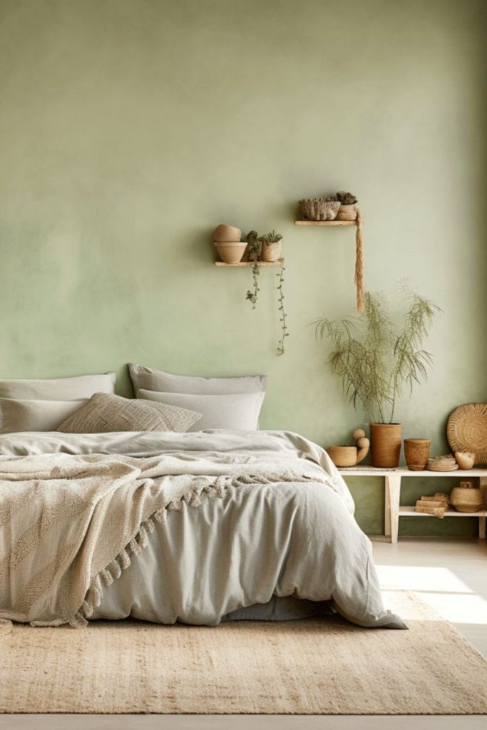Soft sage green limewash wall.