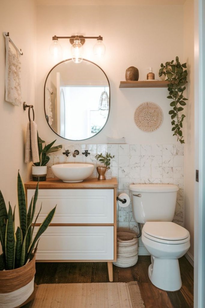 Scandinavian-inspired minimalist powder room decor.