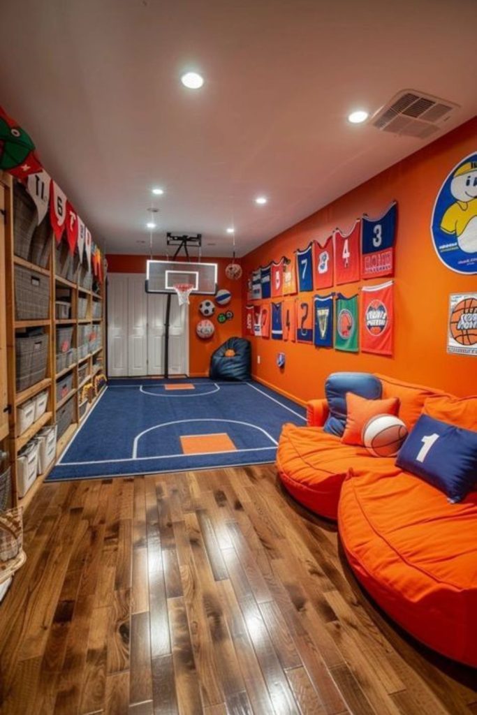 Sports-themed energetic children's playroom.