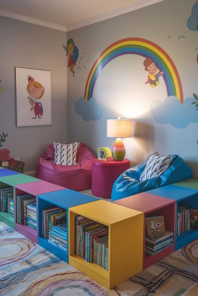 Cozy storybook reading playroom.