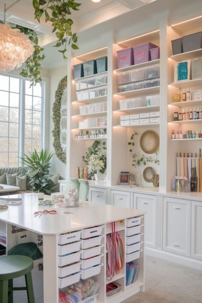 Sunlit craft room beside large windows.