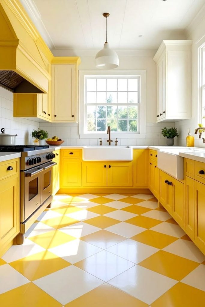Sunny yellow white checkerboard floor.