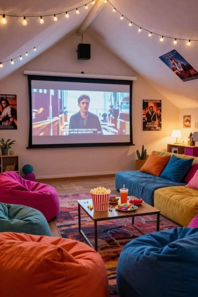 Relaxed teen-friendly home cinema room.