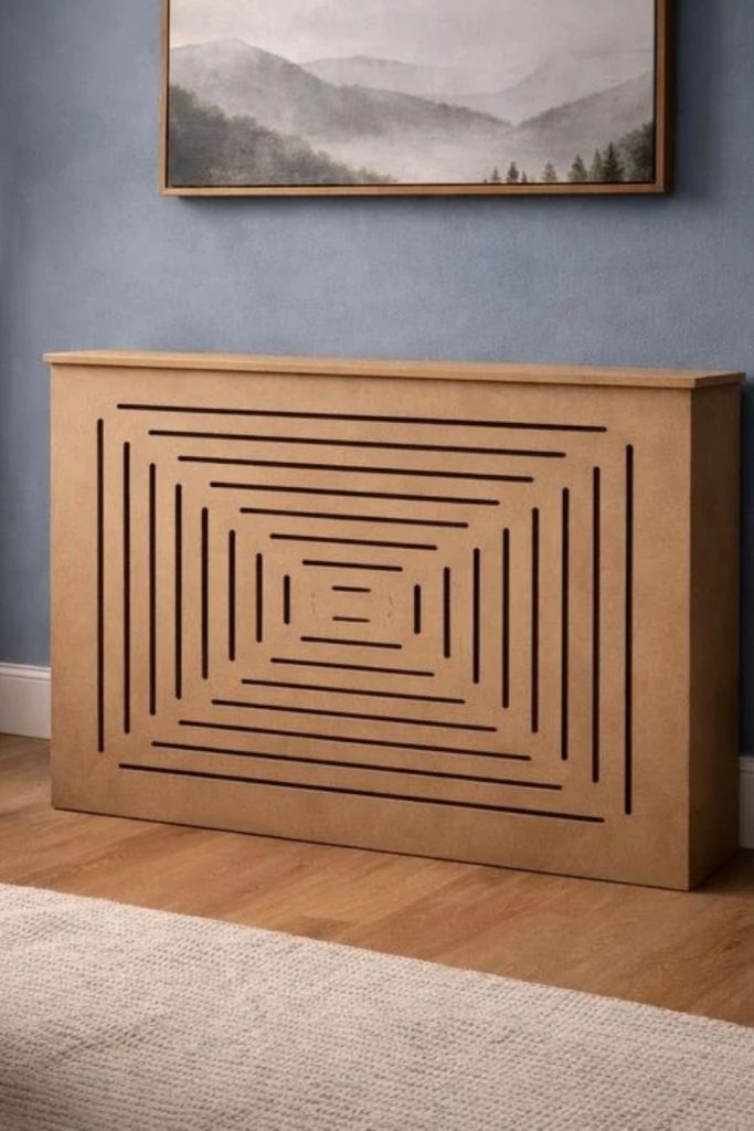 Warm terracotta accent radiator cover.