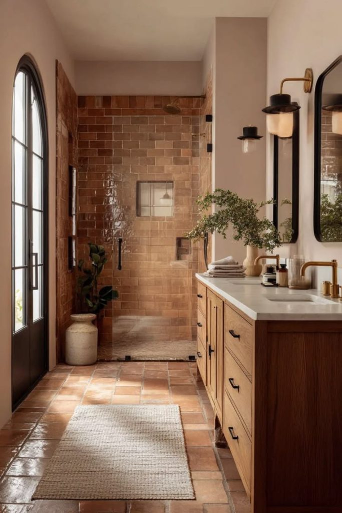 Warm terracotta Mediterranean ensuite bathroom.