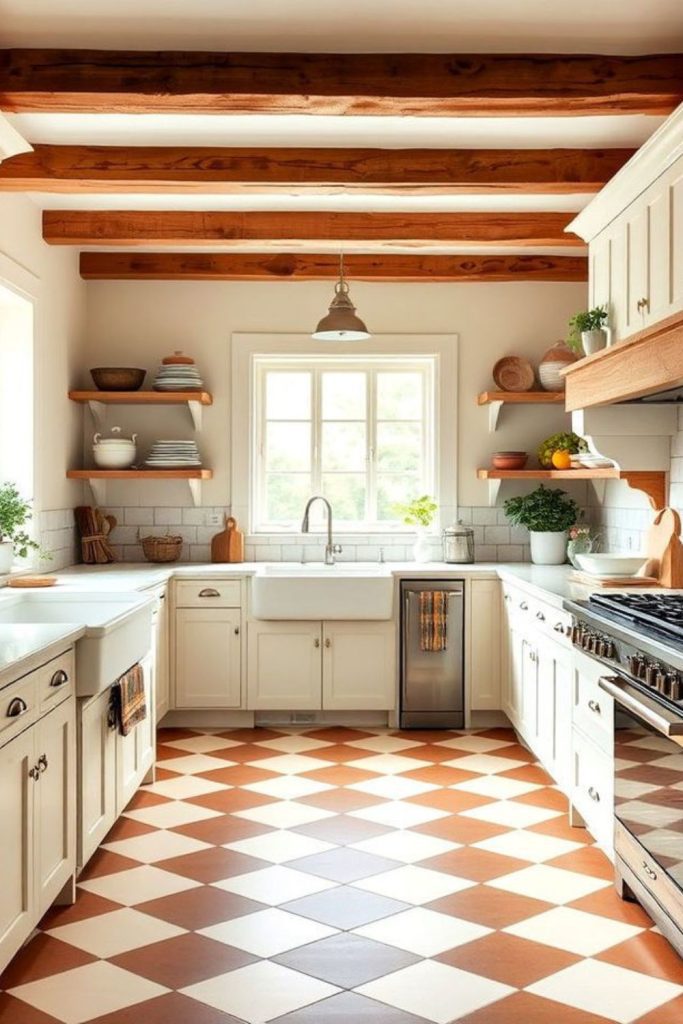 Rustic terracotta beige checkerboard tiles.