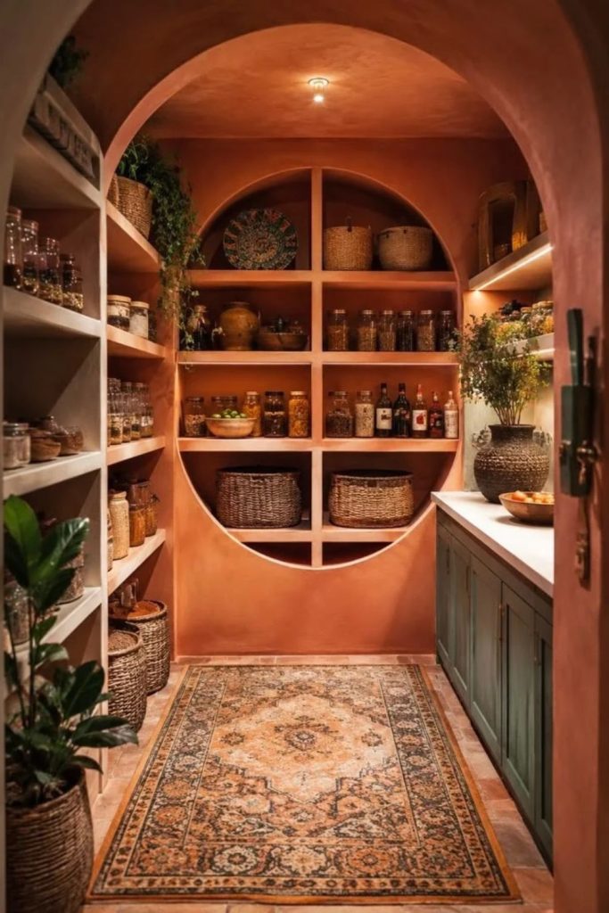 Terracotta pantry alcove with rustic storage.