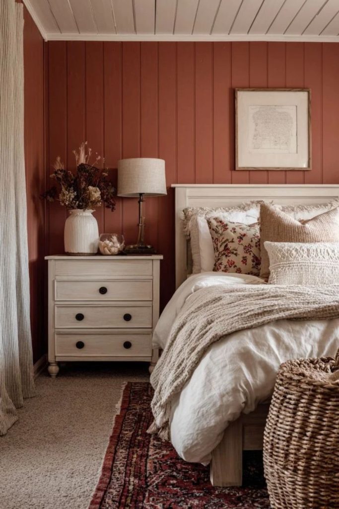 Terracotta shiplap wall with warm furnishings.