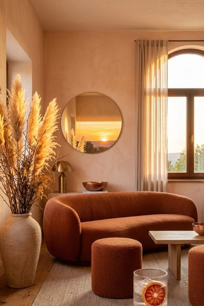Terracotta curved sofa with earthy accents.