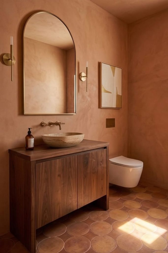 Warm terracotta powder room interior.