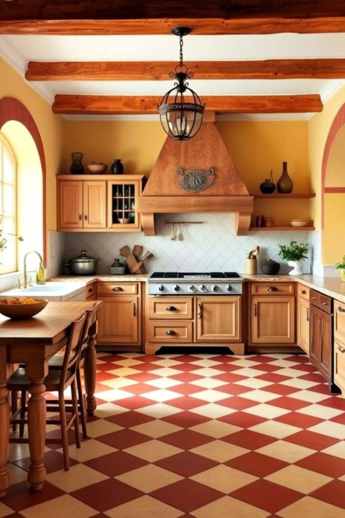 Mediterranean terracotta cream checkerboard flooring.