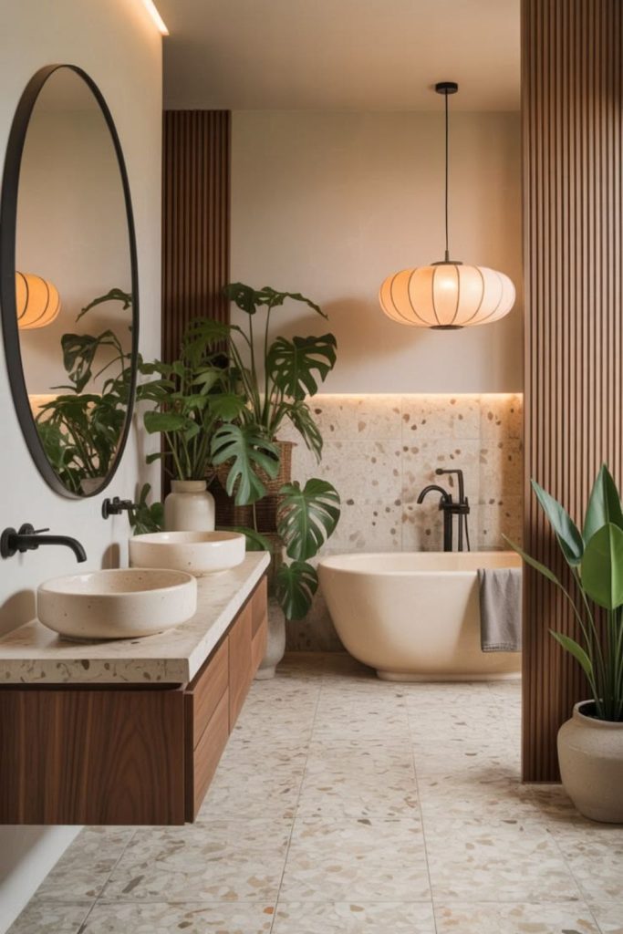 Stylish terrazzo modern ensuite bathroom.
