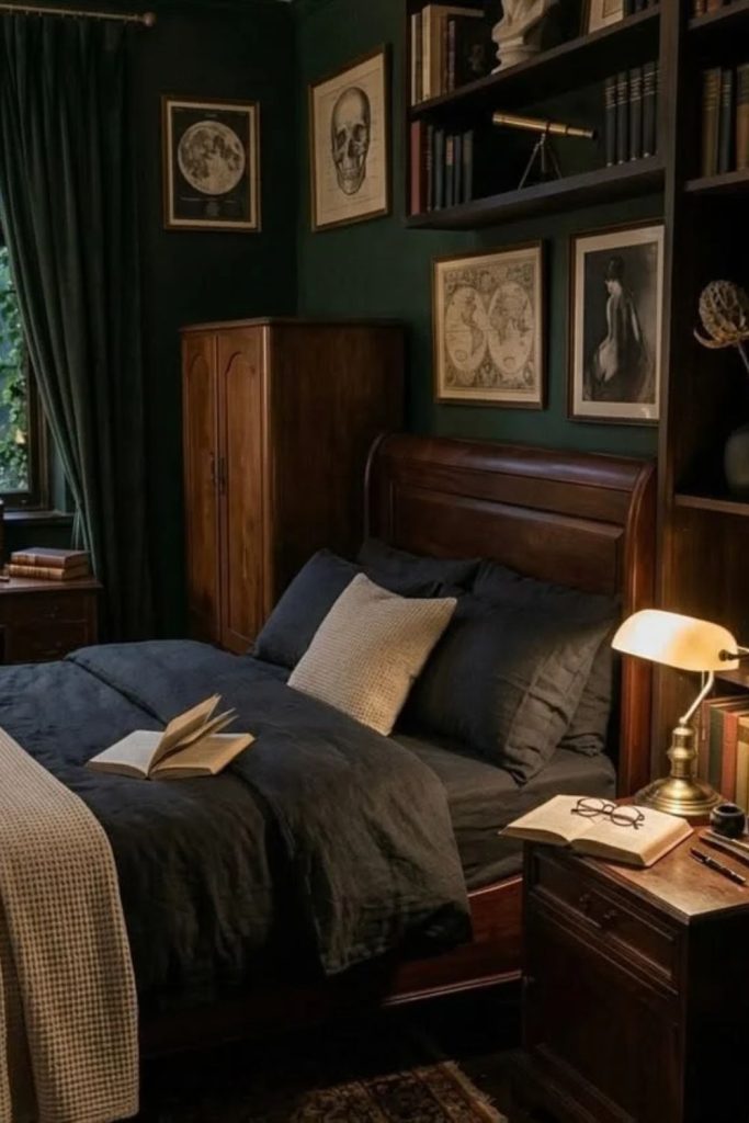 Black Velvet Scholar Bedroom with Dark Walls